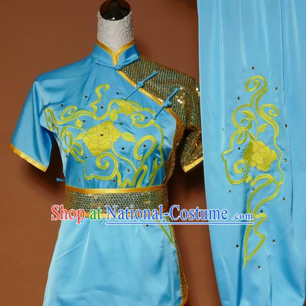 Top Group Kung Fu Costume Tai Ji Training Embroidered Blue Uniform Clothing for Women