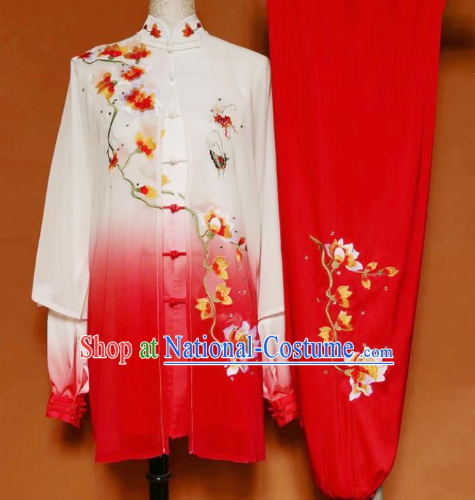 Top Grade Kung Fu Costume Martial Arts Training Tai Ji Embroidered Flowers Red Uniform for Adults