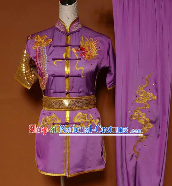 Top Kung Fu Group Competition Costume Martial Arts Wushu Training Embroidered Dragon Purple Uniform for Men