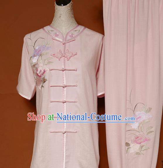 Top Group Kung Fu Costume Tai Ji Training Embroidered Peony Pink Uniform Clothing for Women