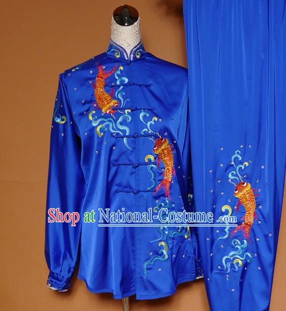 Top Group Kung Fu Costume Martial Arts Gongfu Training Uniform Tai Ji Embroidered Royalblue Clothing for Women