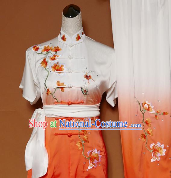 Top Group Kung Fu Costume Tai Ji Training Embroidered Magnolia Orange Uniform Clothing for Women