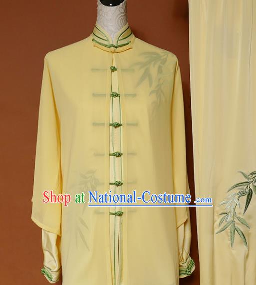 Top Group Kung Fu Costume Tai Ji Training Embroidered Bamboo Yellow Uniform Clothing for Women