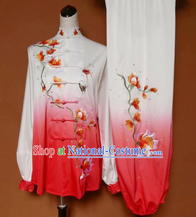 Top Group Kung Fu Costume Tai Ji Training Embroidered Magnolia Red Uniform Clothing for Women