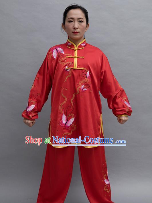 Top Group Kung Fu Costume Tai Ji Training Embroidered Butterfly Red Uniform Clothing for Women