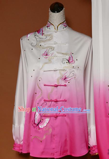 Top Group Kung Fu Costume Tai Ji Training Embroidered Butterfly Pink Uniform Clothing for Women