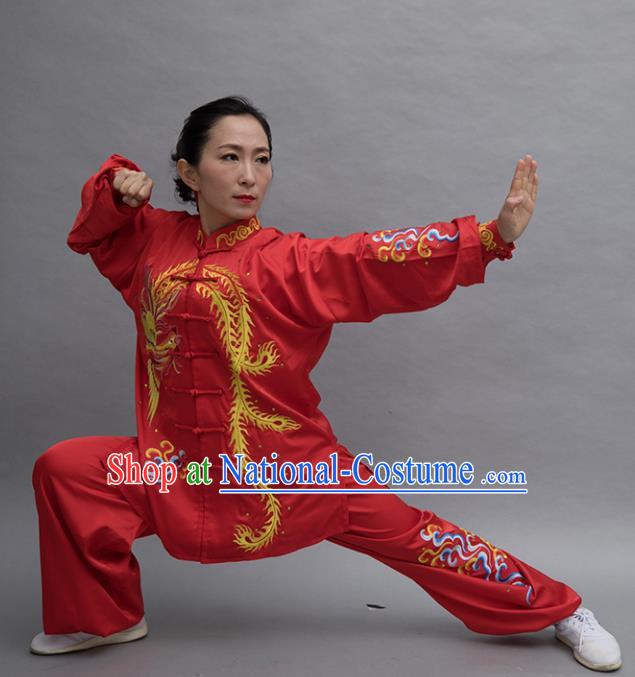 Top Tai Ji Training Embroidered Phoenix Red Uniform Kung Fu Group Competition Costume for Women