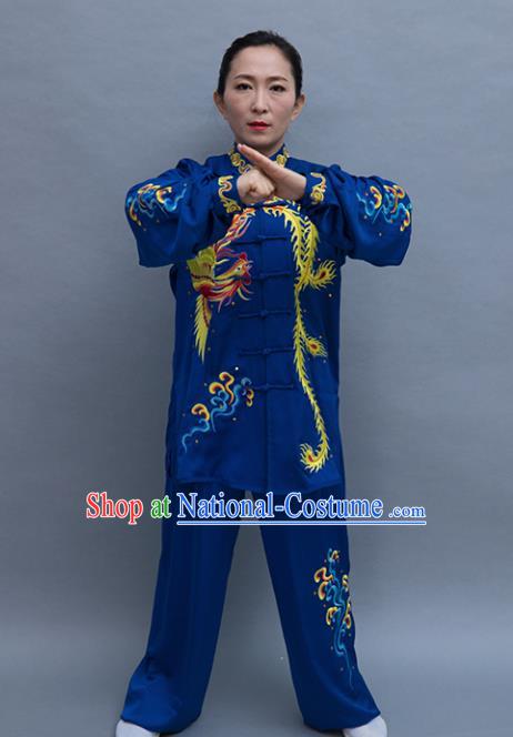 Top Tai Ji Training Embroidered Phoenix Deep Blue Uniform Kung Fu Group Competition Costume for Women