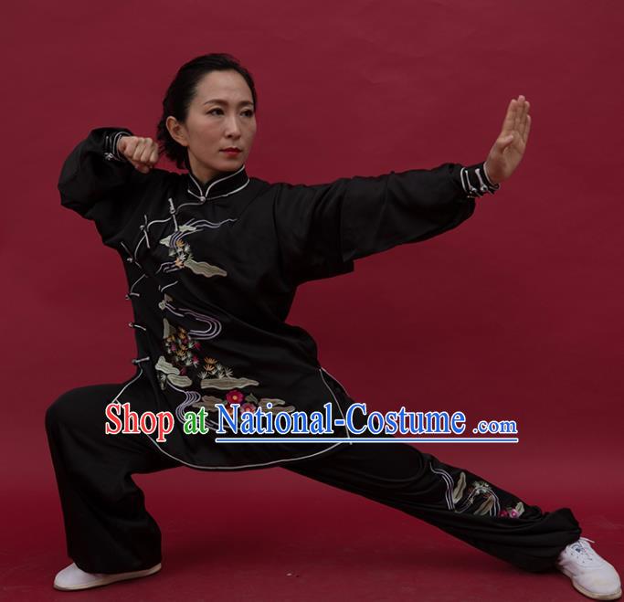 Top Tai Ji Training Embroidered Black Uniform Kung Fu Group Competition Costume for Women