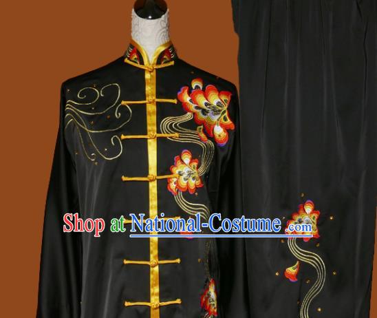 Top Grade Kung Fu Embroidered Black Costume Martial Arts Training Tai Ji Uniform for Adults