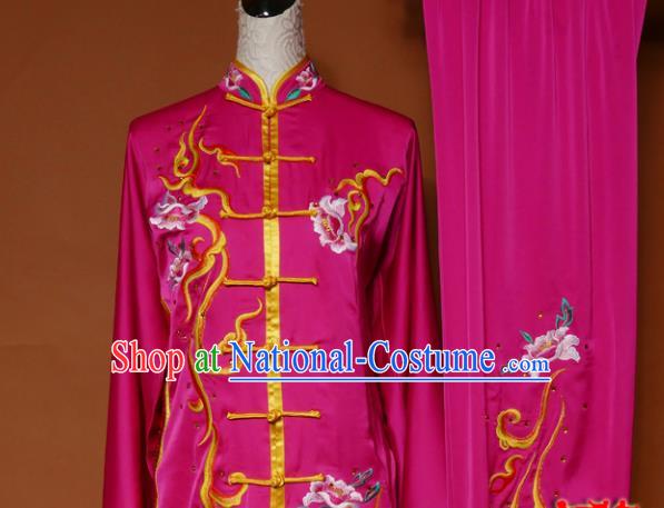 Top Grade Kung Fu Embroidered Rosy Costume Martial Arts Training Tai Ji Uniform for Adults