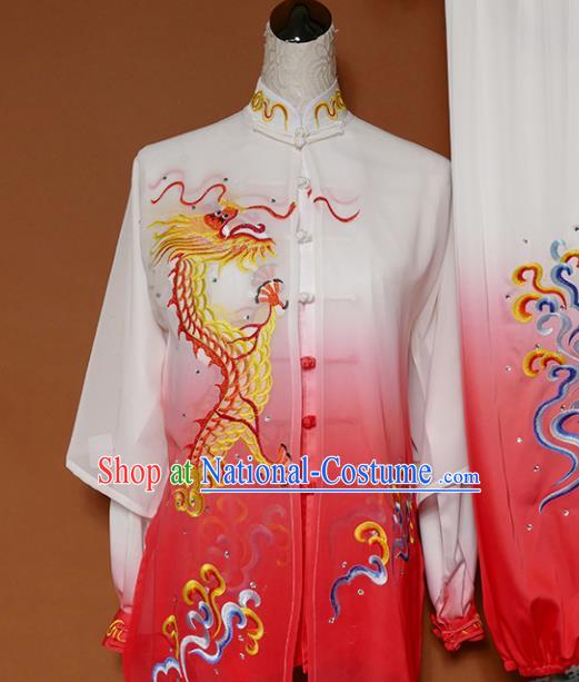 Top Grade Kung Fu Costume Martial Arts Training Tai Ji Embroidered Dragon Rosy Uniform for Adults