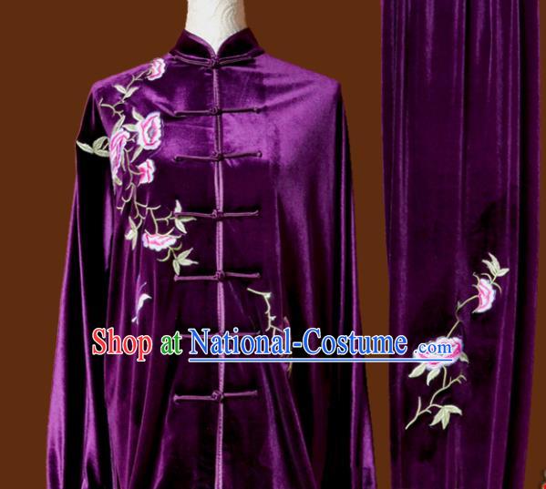 Top Tai Ji Training Embroidered Purple Velvet Uniform Kung Fu Group Competition Costume for Women