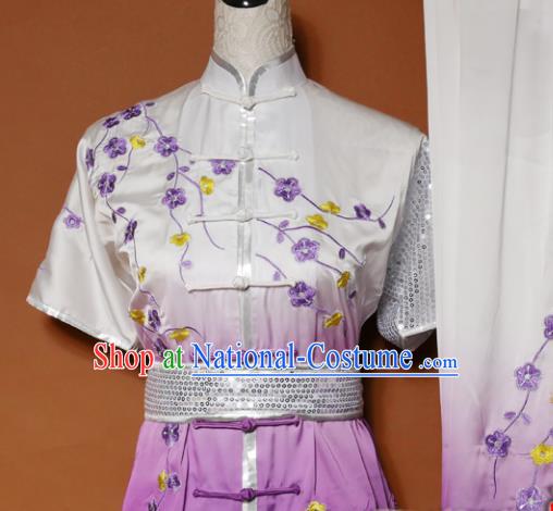 Top Tai Ji Training Embroidered Plum Blossom Purple Uniform Kung Fu Group Competition Costume for Women