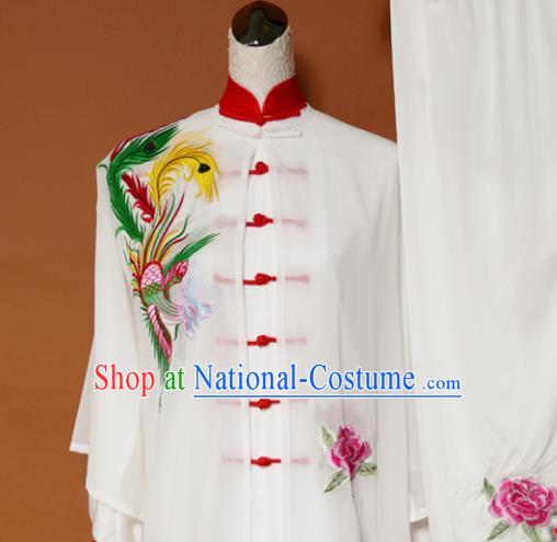 Top Tai Ji Training Embroidered Phoenix Peony White Uniform Kung Fu Group Competition Costume for Women