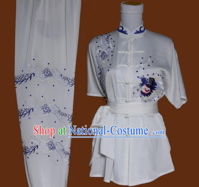 Top Grade Kung Fu Embroidered Dragon White Costume Chinese Tai Chi Martial Arts Training Uniform for Adults