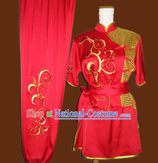 Top Grade Kung Fu Embroidered Red Costume Chinese Tai Chi Martial Arts Training Uniform for Adults