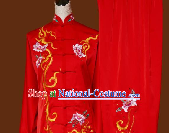 Top Tai Ji Training Embroidered Peony Red Uniform Kung Fu Group Competition Costume for Women