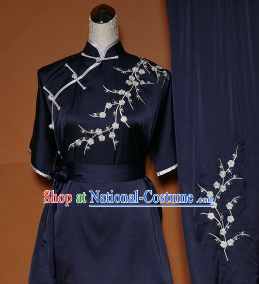 Chinese Traditional Tai Chi Embroidered Plum Blossom Navy Uniform Kung Fu Group Competition Costume for Women