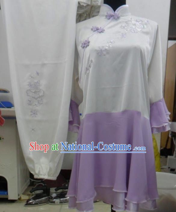 Chinese Traditional Tai Chi Embroidered Purple Uniform Kung Fu Group Competition Costume for Women