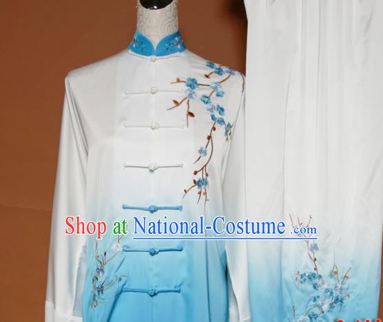 Top Tai Ji Training Embroidered Plum Blossom Blue Uniform Kung Fu Group Competition Costume for Women