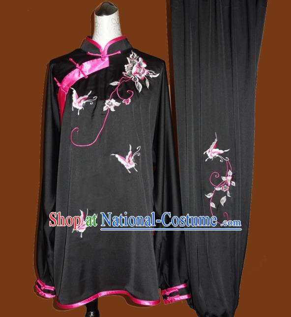 Chinese Traditional Tai Chi Embroidered Butterfly Black Uniform Kung Fu Group Competition Costume for Women