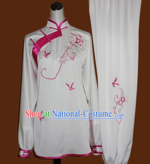 Chinese Traditional Tai Chi Embroidered Pink Butterfly Uniform Kung Fu Group Competition Costume for Women