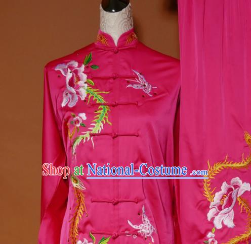 Top Tai Ji Training Embroidered Phoenix Peony Rosy Uniform Kung Fu Group Competition Costume for Women