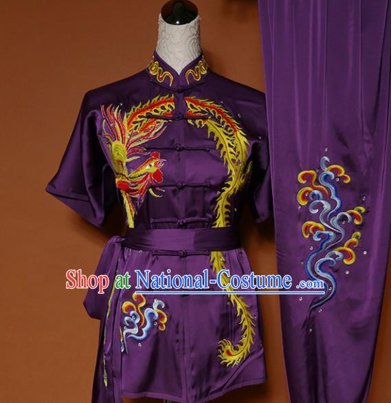 Top Group Kung Fu Costume Tai Ji Training Embroidered Phoenix Purple Uniform Clothing for Women