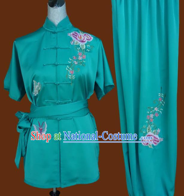 Chinese Traditional Tai Chi Embroidered Roses Uniform Kung Fu Group Competition Costume for Women