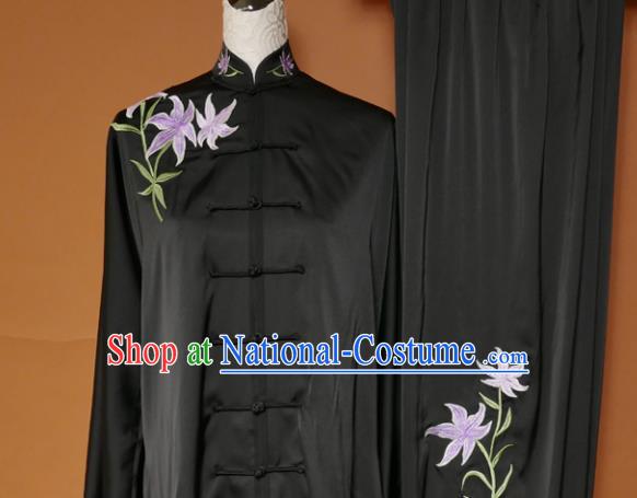 Top Tai Ji Training Embroidered Orchid Black Uniform Kung Fu Group Competition Costume for Women