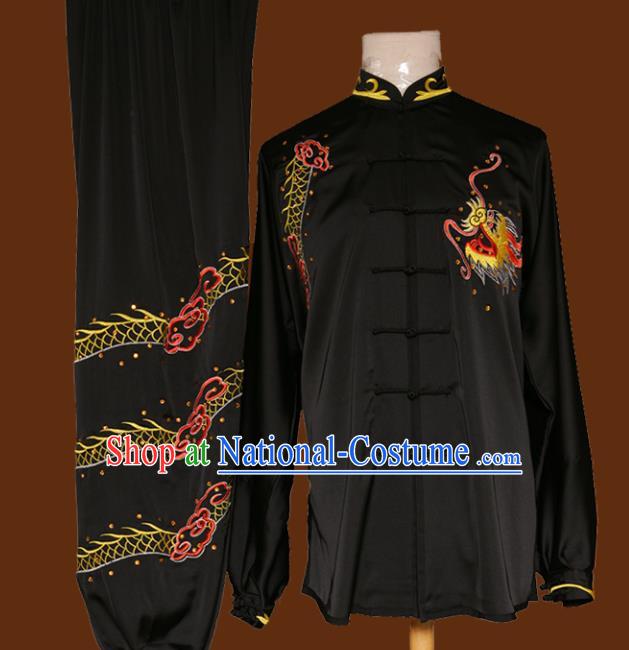 Top Grade Kung Fu Embroidered Dragon Black Costume Chinese Tai Chi Martial Arts Training Uniform for Adults