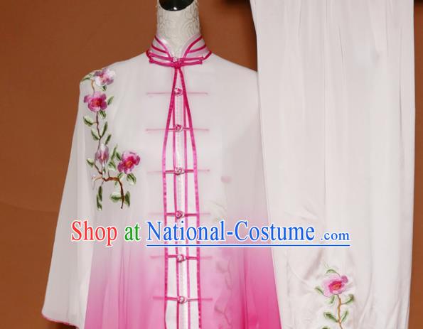 Top Tai Ji Training Embroidered Rosy Silk Uniform Kung Fu Group Competition Costume for Women