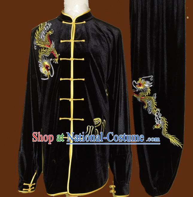 Top Grade Kung Fu Embroidered Dragon Black Velvet Costume Chinese Tai Chi Martial Arts Training Uniform for Adults