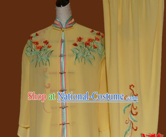 Top Tai Ji Training Embroidered Yellow Silk Uniform Kung Fu Group Competition Costume for Women