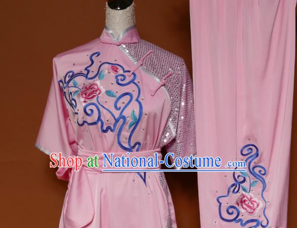 Top Martial Arts Training Embroidered Pink Uniform Kung Fu Group Competition Costume for Women