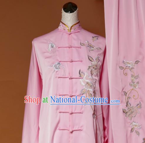 Chinese Traditional Tai Chi Training Embroidered Pink Silk Uniform Kung Fu Group Competition Costume for Women