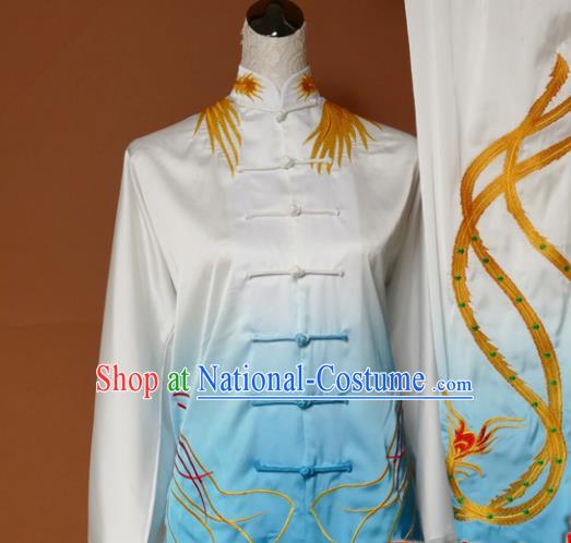 Chinese Traditional Tai Chi Training Embroidered Phoenix Blue Silk Uniform Kung Fu Group Competition Costume for Women