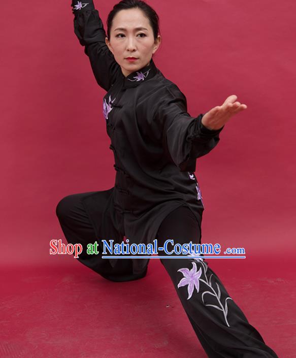 Top Group Kung Fu Costume Tai Ji Training Embroidered Orchid Black Uniform Clothing for Women