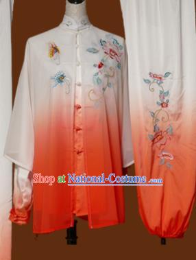 Chinese Traditional Tai Chi Training Embroidered Peony Orange Uniform Kung Fu Group Competition Costume for Women