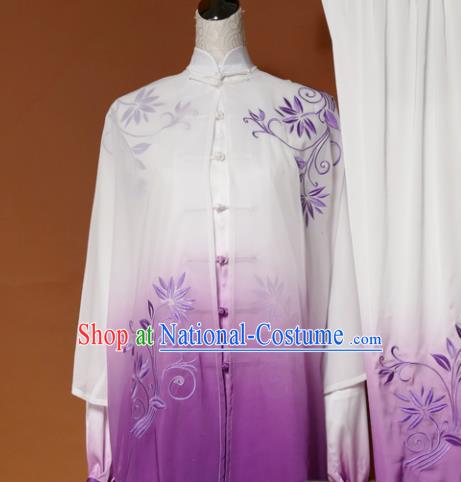 Chinese Traditional Tai Chi Training Embroidered Purple Silk Uniform Kung Fu Group Competition Costume for Women