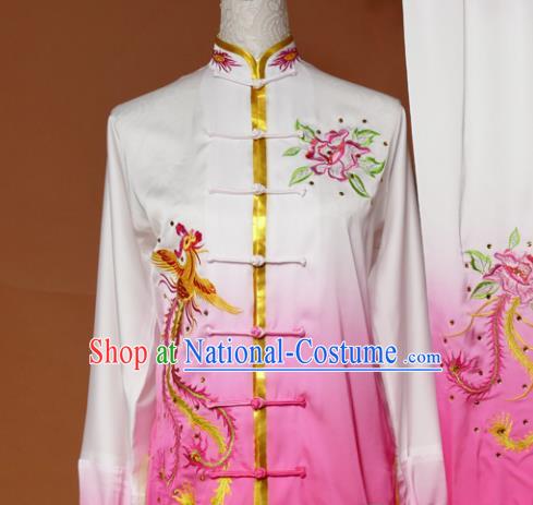 Chinese Traditional Tai Chi Embroidered Pink Silk Uniform Kung Fu Group Competition Costume for Women