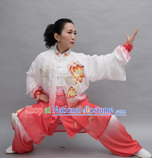 Top Group Kung Fu Costume Tai Ji Training Embroidered Peony Rosy Uniform Clothing for Women