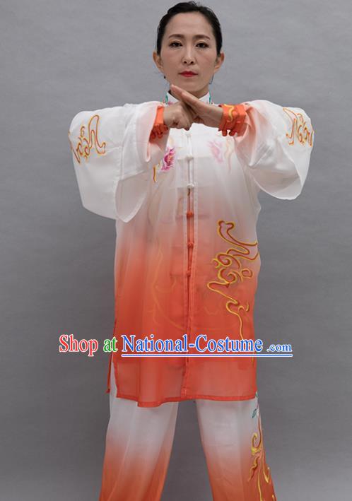 Top Group Kung Fu Costume Tai Ji Training Embroidered Orange Uniform Clothing for Women