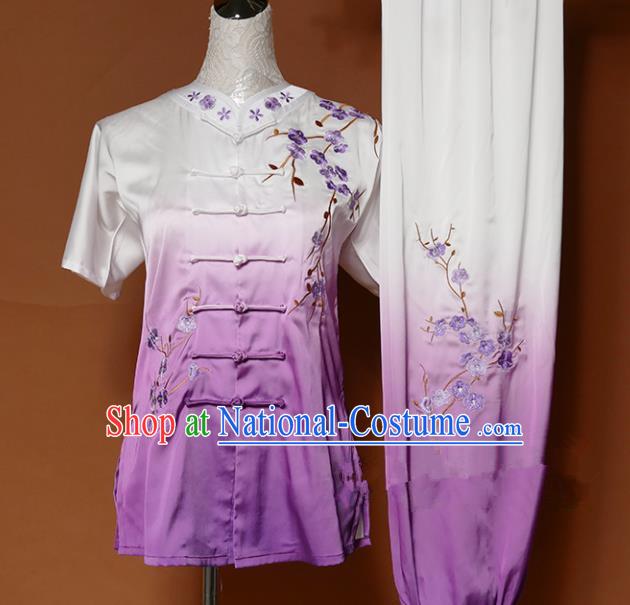 Chinese Traditional Tai Chi Embroidered Plum Blossom Purple Silk Uniform Kung Fu Group Competition Costume for Women