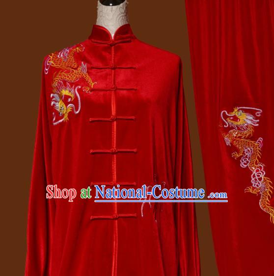 Top Grade Kung Fu Embroidered Red Velvet Costume Martial Arts Training Tai Ji Uniform for Adults