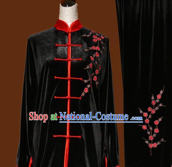 Chinese Traditional Tai Chi Embroidered Plum Blossom Black Uniform Kung Fu Group Competition Costume for Women