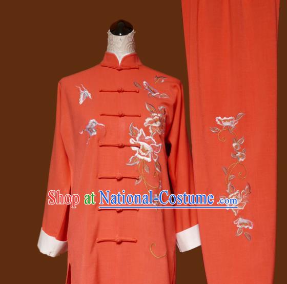 Top Grade Kung Fu Embroidered Peony Orange Costume Chinese Martial Arts Training Tai Ji Uniform for Adults