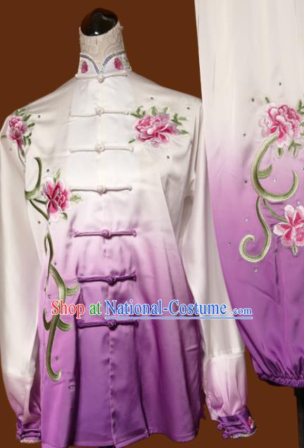 Chinese Traditional Tai Chi Embroidered Peony Purple Uniform Kung Fu Group Competition Costume for Women