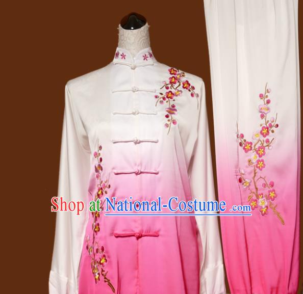 Chinese Traditional Tai Chi Embroidered Plum Blossom Pink Uniform Kung Fu Group Competition Costume for Women